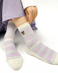 Women Crew Socks Embroidery Bear Series Fuzzy Warm Cozy Indoor Non Slip Socks