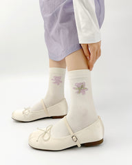 여성 크루 양말 리본 곰 시리즈 면 귀여운 자수 캐주얼 양말