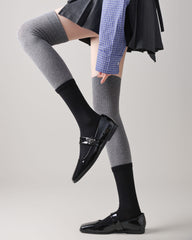 여성용 무릎 길이 양말 그레이 블랙 대비 골지 코튼 캐주얼