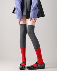 여성용 무릎 길이 양말 그레이 블랙 대비 골지 코튼 캐주얼