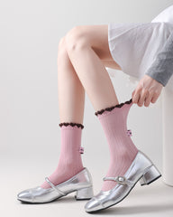 Women Crew Socks Ruffle Cuff Heel Label Chic Comfortable