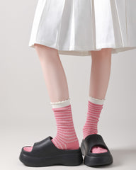 Women Crew Socks Bubble Trim Twist Stripe Pile Cute Chic