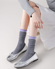 Women Crew Socks Bubble Trim Twist Stripe Pile Cute Chic