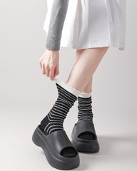 Women Crew Socks Bubble Trim Twist Stripe Pile Cute Chic