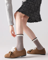 Women Crew Socks Contrast Trim Ribbed Cotton Cute Casual Socks
