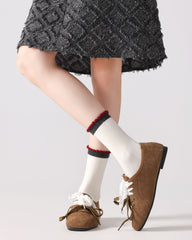 Women Crew Socks Contrast Trim Ribbed Cotton Cute Casual Socks