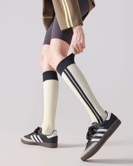 レディース ニーハイ ソックス カラーブロック ストライプ コットン スポーティー ソックス