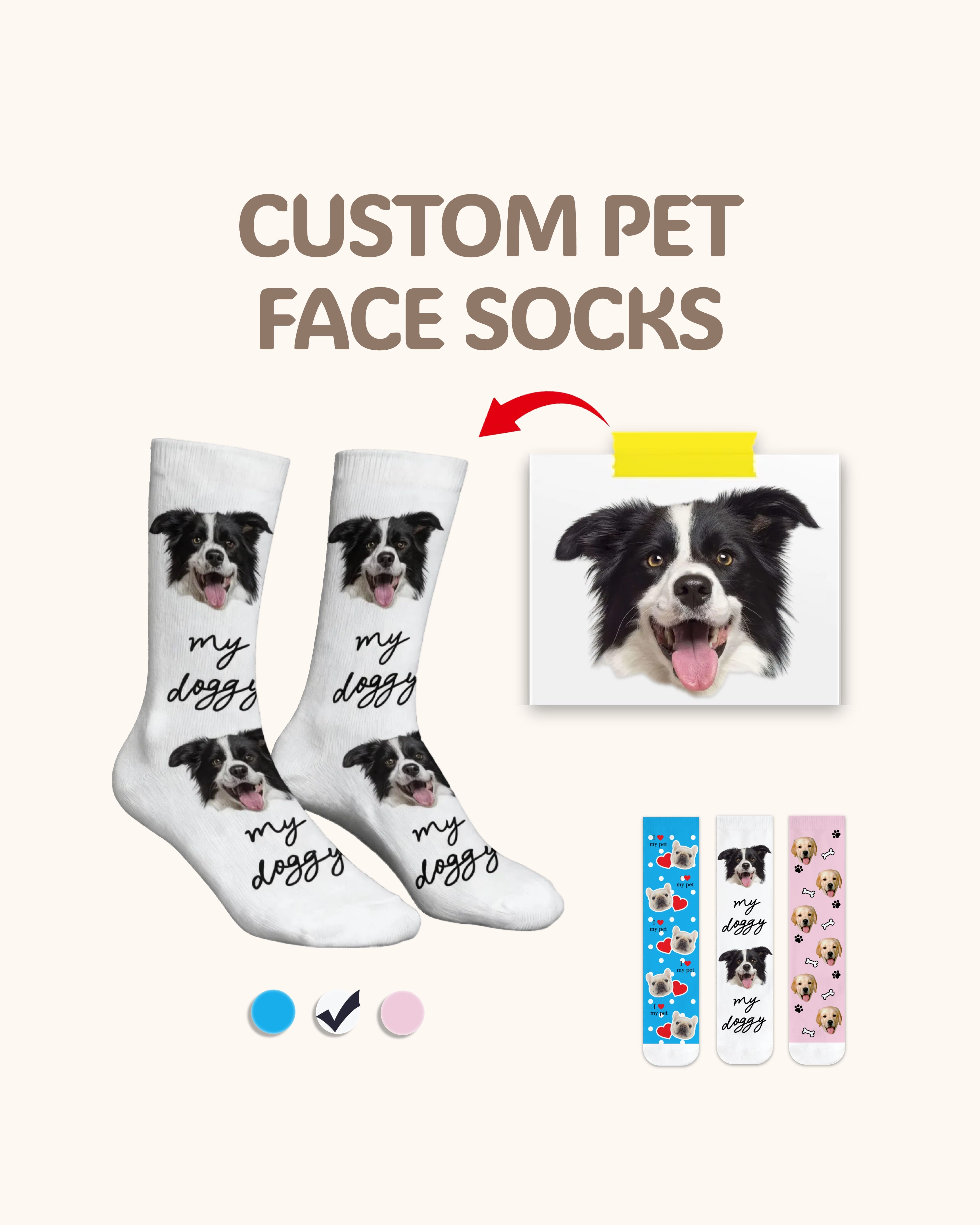 Kids向け カスタム犬顔クルーソックス ペット写真入りパーソナライズソックス ペット好きへのギフト 白いトゥ - SWEET NANA