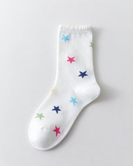 女款中筒襪子 白色棉質 彩色星星系列 可愛卡哇伊休閒襪子