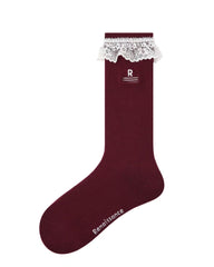 女款中筒襪子 蕾絲素色棉質可愛時尚風格