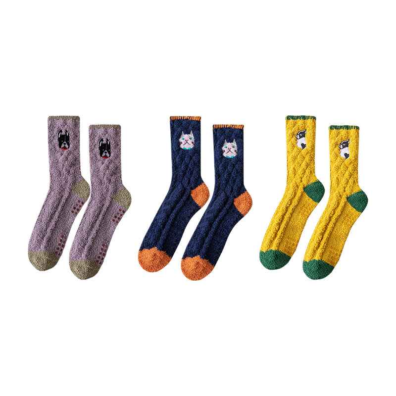 Sweetnana 3-Pack Cozy Crew Socks for Women & Men - Animal Embroidery Series Thickened Fuzzy Socks - Perfect for Winter Stockings & Lounge Wear