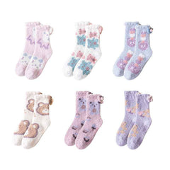 Sweetnana Cozy Crew Socks for Women - Cute Bear Themed Warm Fuzzy Lounge Wear Socks - Super Soft Non-Slip Thickened Winter Stockings