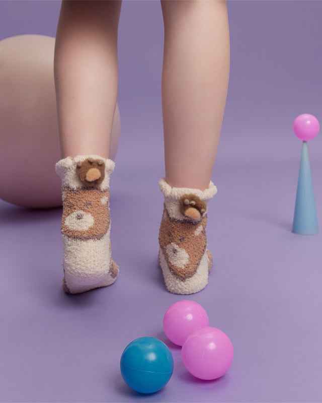 Sweetnana 3-Pack Cozy Crew Socks for Women - Cute Bear Themed Super Soft and Fuzzy Winter Stockings - Non-Slip Thickened Slipper Socks