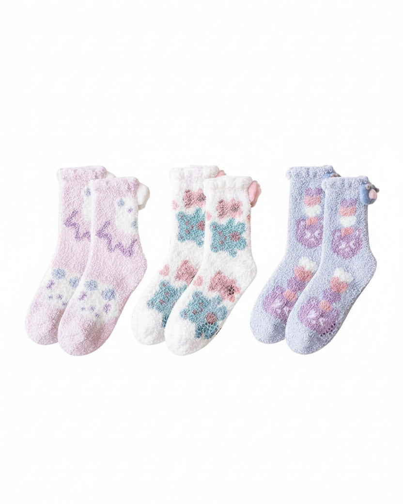 Sweetnana 3-Pack Cozy Crew Socks for Women - Cute Bear Themed Super Soft and Fuzzy Winter Stockings - Non-Slip Thickened Slipper Socks