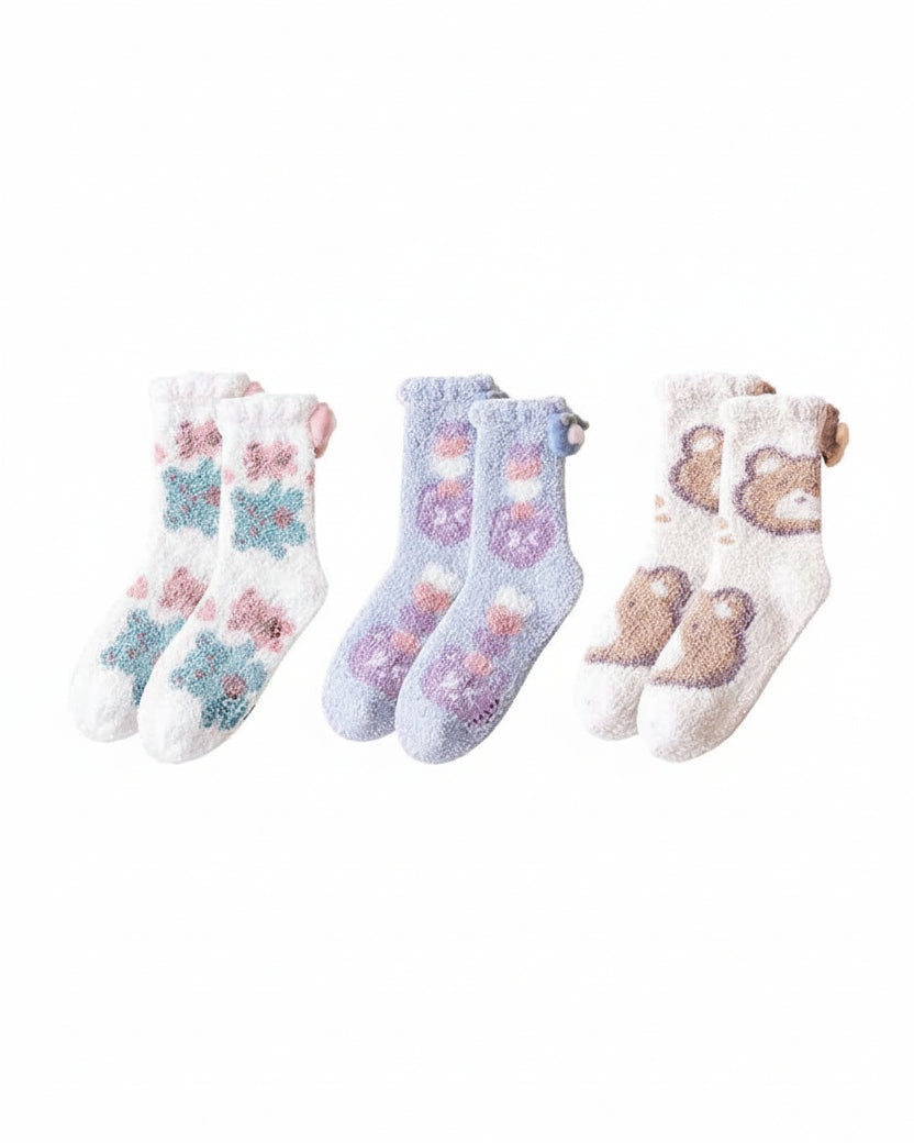 Sweetnana 3-Pack Cozy Crew Socks for Women - Cute Bear Themed Super Soft and Fuzzy Winter Stockings - Non-Slip Thickened Slipper Socks