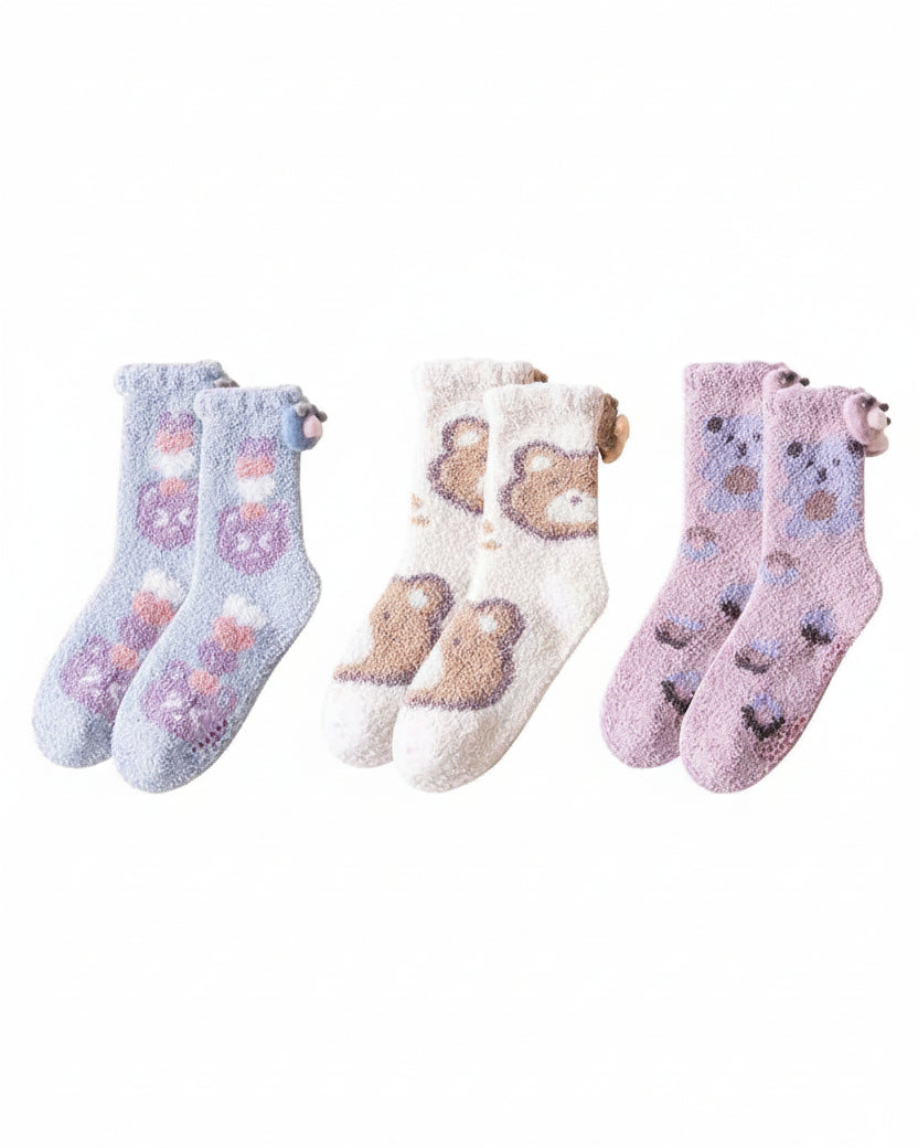 Sweetnana 3-Pack Cozy Crew Socks for Women - Cute Bear Themed Super Soft and Fuzzy Winter Stockings - Non-Slip Thickened Slipper Socks