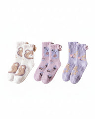 Sweetnana 3-Pack Cozy Crew Socks for Women - Cute Bear Themed Super Soft and Fuzzy Winter Stockings - Non-Slip Thickened Slipper Socks