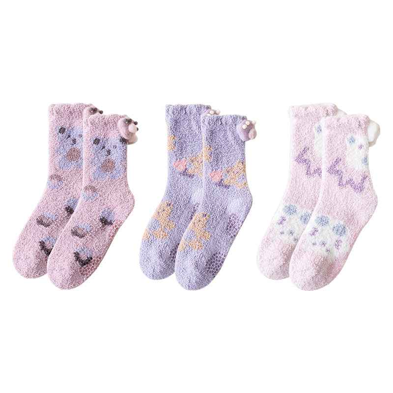 Sweetnana 3-Pack Cozy Crew Socks for Women - Cute Bear Themed Super Soft and Fuzzy Winter Stockings - Non-Slip Thickened Slipper Socks