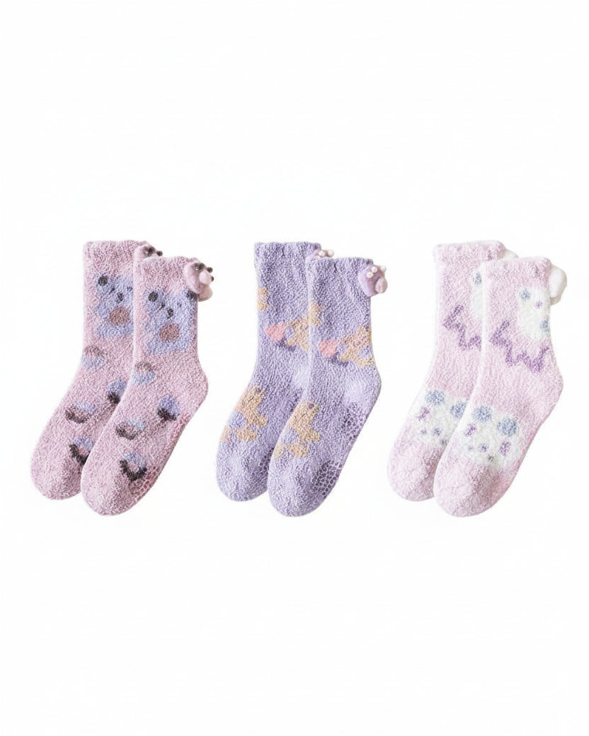 Sweetnana 3-Pack Cozy Crew Socks for Women - Cute Bear Themed Super Soft and Fuzzy Winter Stockings - Non-Slip Thickened Slipper Socks