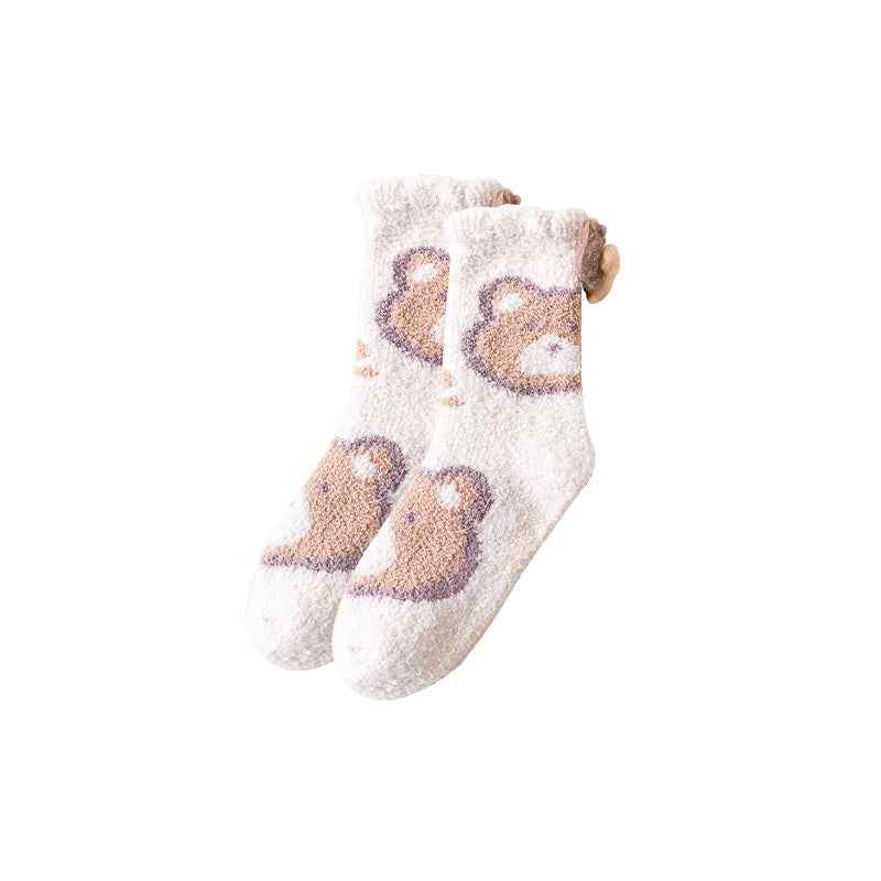 Sweetnana Cozy Crew Socks for Women - Cute Bear Themed Warm Fuzzy Lounge Wear Socks - Super Soft Non-Slip Thickened Winter Stockings