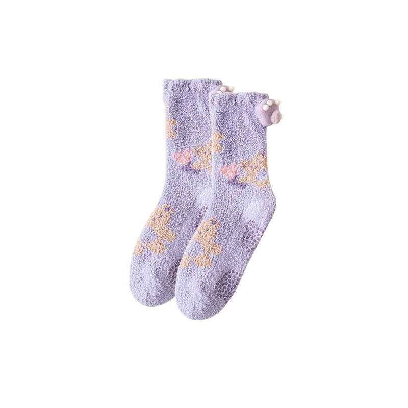 Sweetnana Cozy Crew Socks for Women - Cute Bear Themed Warm Fuzzy Lounge Wear Socks - Super Soft Non-Slip Thickened Winter Stockings