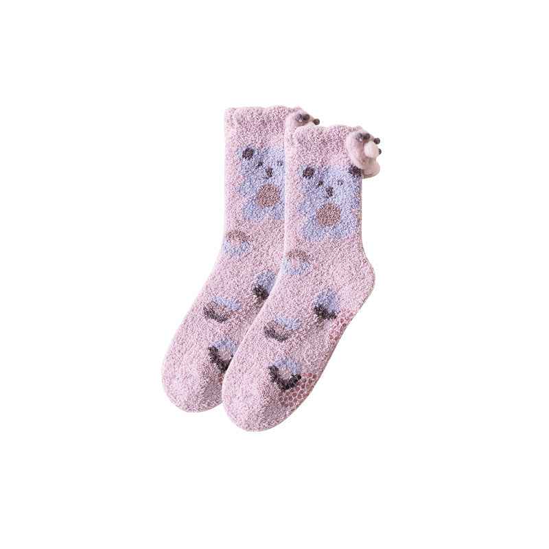 Sweetnana Cozy Crew Socks for Women - Cute Bear Themed Warm Fuzzy Lounge Wear Socks - Super Soft Non-Slip Thickened Winter Stockings