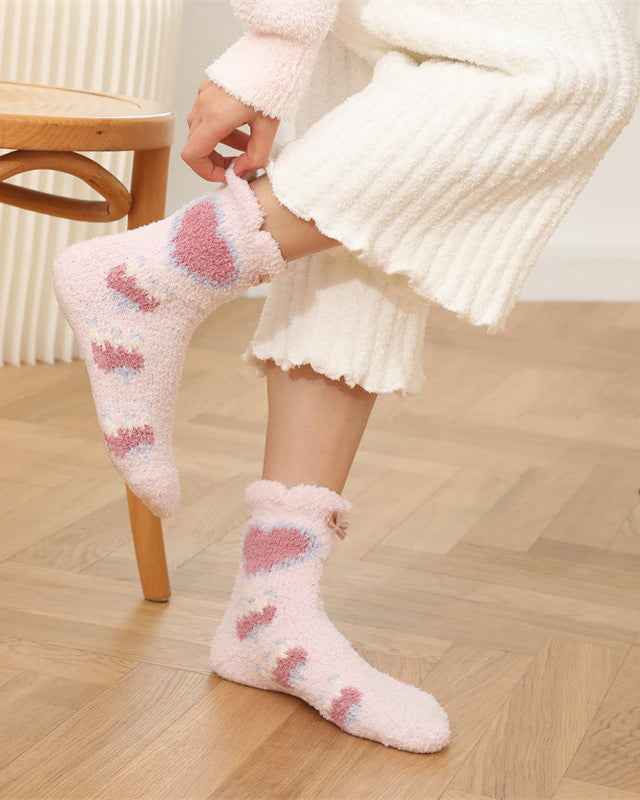 Sweetnana 3-Pack Cozy Crew Socks for Women - Playful Flowers Series Super Soft Fuzzy Winter Stockings - Non-Slip Thickened Slipper Socks