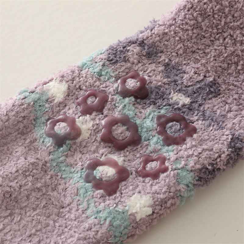 Sweetnana 3-Pack Cozy Crew Socks for Women - Playful Flowers Series Super Soft Fuzzy Winter Stockings - Non-Slip Thickened Slipper Socks