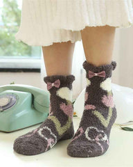 Sweetnana 3-Pack Cozy Crew Socks for Women - Playful Flowers Series Super Soft Fuzzy Winter Stockings - Non-Slip Thickened Slipper Socks