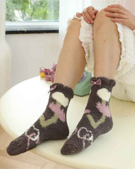 Sweetnana 3-Pack Cozy Crew Socks for Women - Playful Flowers Series Super Soft Fuzzy Winter Stockings - Non-Slip Thickened Slipper Socks
