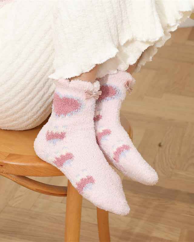 Sweetnana 3-Pack Cozy Crew Socks for Women - Playful Flowers Series Super Soft Fuzzy Winter Stockings - Non-Slip Thickened Slipper Socks