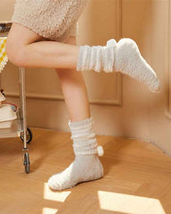 Sweetnana Cozy Knee High Fuzzy Socks for Women, Thickened Striped Pile Winter Stockings, Soft and Warm, Ideal for Cold Weather, Cute and Comfortable Women’s Socks
