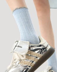 3組合女款中筒襪子馬卡龍氛圍藍色星星系列棉質荷葉邊襪子