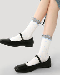 3組合女款中筒襪子馬卡龍氛圍藍色星星系列棉質荷葉邊襪子