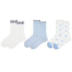 3組合女款中筒襪子馬卡龍氛圍藍色星星系列棉質荷葉邊襪子