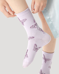 3パック レディース クルー ソックス パープルバタフライシリーズ 刺繍 カジュアル ソックス