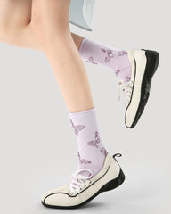 3パック レディース クルー ソックス パープルバタフライシリーズ 刺繍 カジュアル ソックス