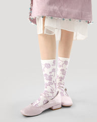 3パック レディース クルー ソックス パープルバタフライシリーズ 刺繍 カジュアル ソックス