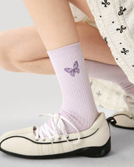 3-Pack Women Crew Socks Purple Butterfly Series Embroidery Casual Socks