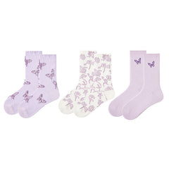 3-Pack Women Crew Socks Purple Butterfly Series Embroidery Casual Socks