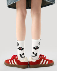 3-Pack Women Crew Socks Red Nose Cat Series Funny Embroidery Socks