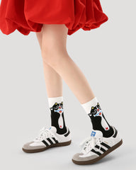 3-Pack Women Crew Socks Red Nose Cat Series Funny Embroidery Socks