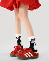 3-Pack Women Crew Socks Red Nose Cat Series Funny Embroidery Socks
