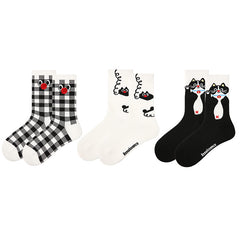 3-Pack Women Crew Socks Red Nose Cat Series Funny Embroidery Socks