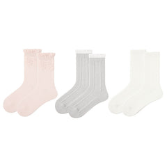 3-팩 여성용 면 크루 양말 화이트 카멜리아 시리즈 캐주얼 양말