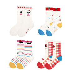 4-Pack Apple Cat Series Girls Cute Kids Socks Seamless Cotton Crew Socks