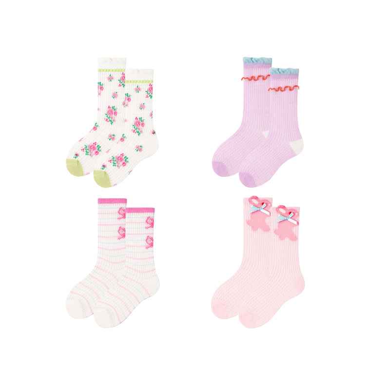 4-Pack Kids Cotton Crew Socks Bunny Puffs Floral Breathable Cute Casual