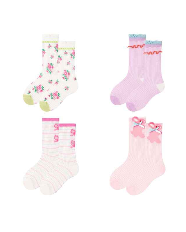 4-Pack Kids Cotton Crew Socks Bunny Puffs Floral Breathable Cute Casual
