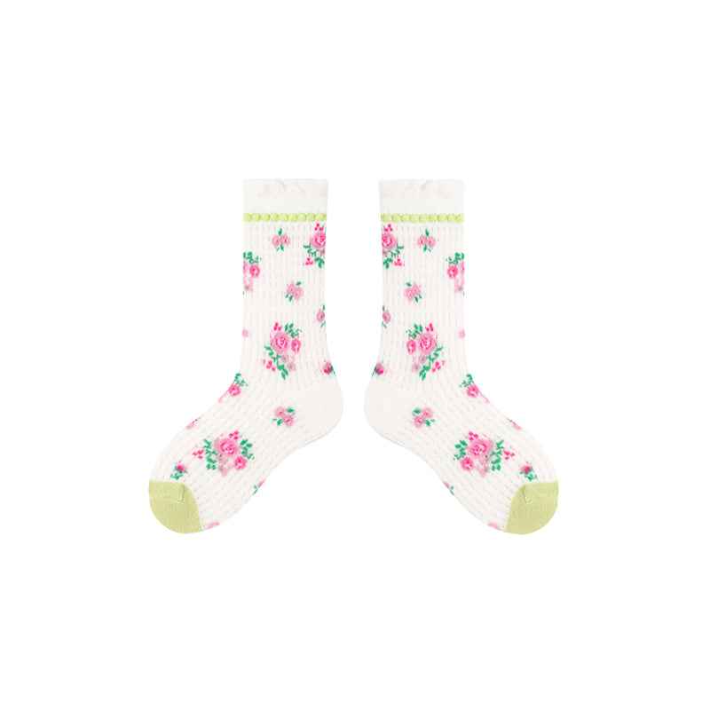 4-Pack Kids Cotton Crew Socks Bunny Puffs Floral Breathable Cute Casual