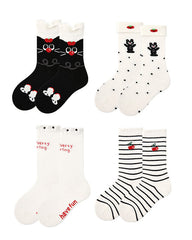 4組合 可愛貓咪系列 兒童女孩中筒襪 棉質可愛襪子